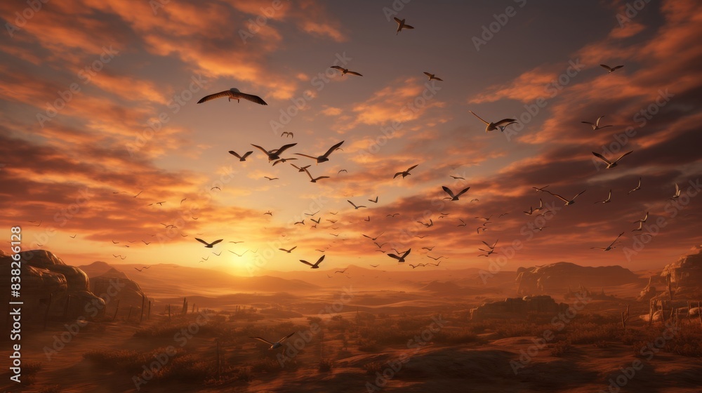 Obraz premium birds flying sky sunrise dawn leadership teamwork. 
