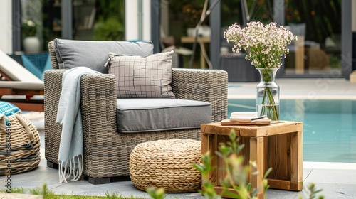 Fototapeta Naklejka Na Ścianę i Meble -  Elegant gray wicker outdoor recliner chair with comfortable grey cushions and a wooden side table adorned with a vase of flowers near a serene pool on a stylish patio. Ideal for relaxation and outdoor
