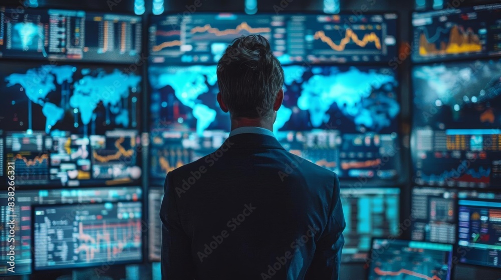 International finance expert analyzing global market trends on multiple digital screens in a modern office International finance expert analyzing global market trends on multiple digital screens in a modern office