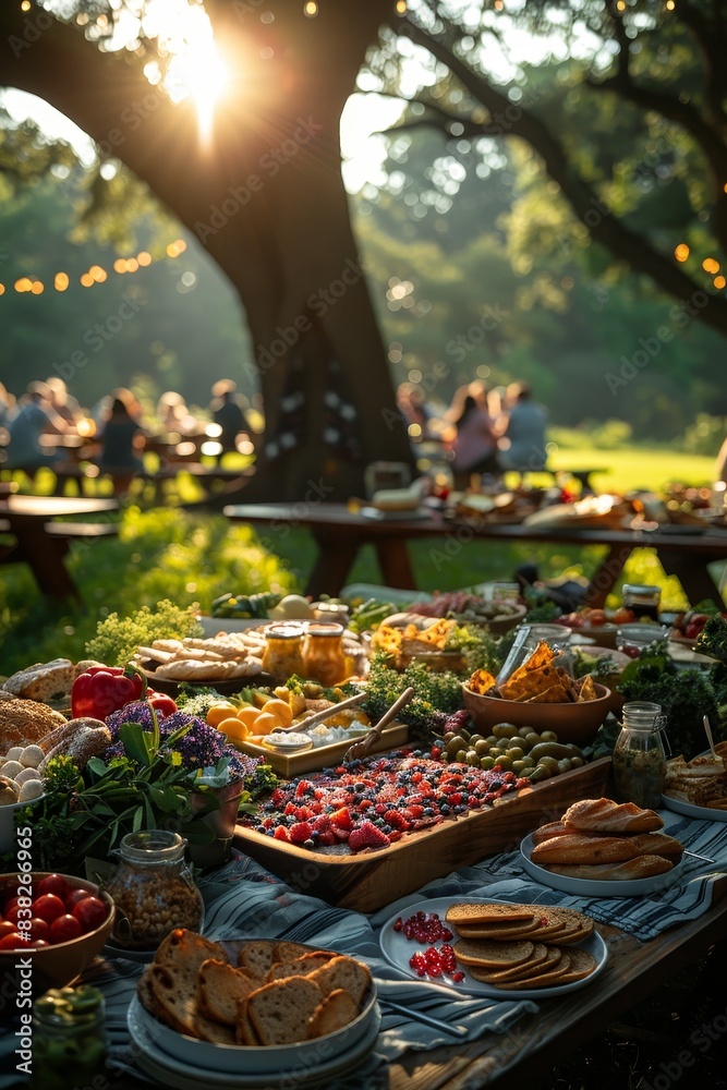 Sunset picnic with diverse food spread on a wooden table outdoors, people enjoying in the background under trees with string lights. Sunset picnic with diverse food spread on a wooden table outdoors, people enjoying in the background under trees with string lights.