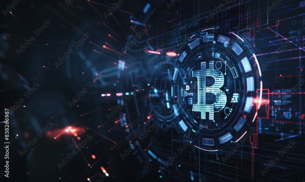 Symbol of bitcoin with glowing lights. Gold bitcoin on black. Coins on black background. Symbol of bitcoin with glowing lights. Gold bitcoin on black. Coins on black background.