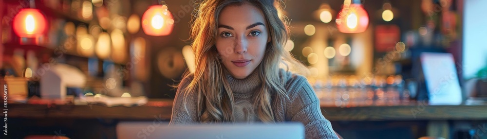 Obraz premium Woman using a gaming laptop at a cafe, deeply focused on an online strategy game