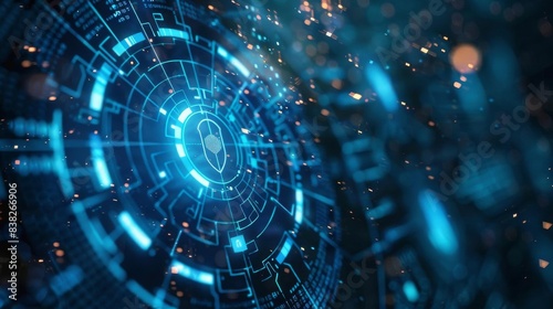 Tech conference presentation featuring a futuristic cybersecurity shield technology, demonstrated with cuttingedge graphics