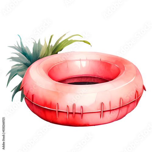 Watercolor illustrations of bright inflatable swimming rings, each of which has different shapes and patterns. Inflatable swimming circle, isolated on a white background. Summer beach design for print