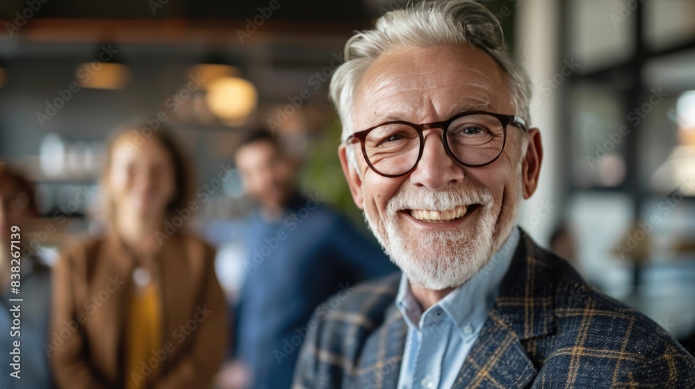 Smiling senior businessman in eyeglasses looking at camera with colleagues in background. Smiling senior businessman in eyeglasses looking at camera with colleagues in background.