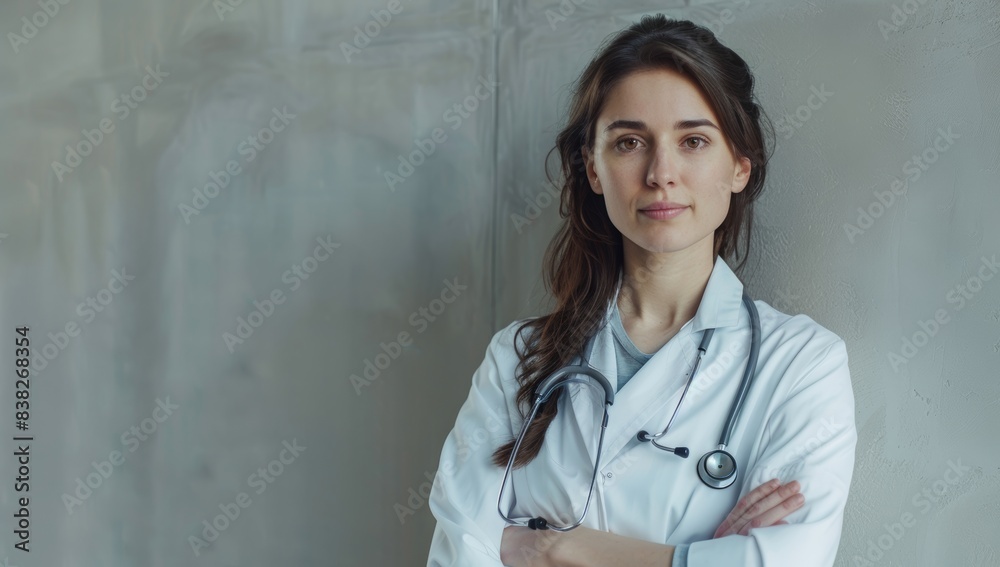 Portrait of a beautiful young woman doctor with a stethoscope, wearing a white medical coat in a modern hospital setting