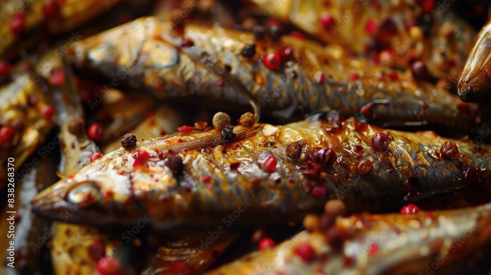 Smoked fish and spices close-up. Smoked sprats in pink and black pepper.