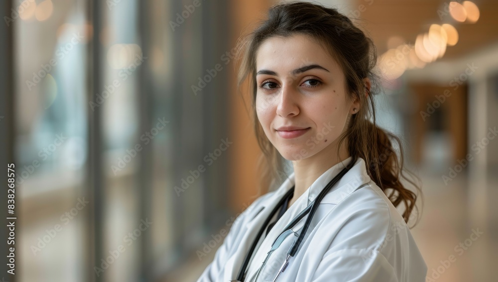 Portrait of a beautiful young woman doctor with a stethoscope, wearing a white medical coat in a modern hospital setting Portrait of a beautiful young woman doctor with a stethoscope, wearing a white medical coat in a modern hospital setting