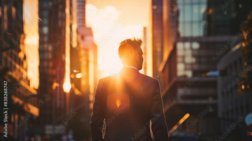 A man in a suit walking through a city street during sunset, with sunlight creating a warm glow around him and the buildings. A man in a suit walking through a city street during sunset, with sunlight creating a warm glow around him and the buildings.