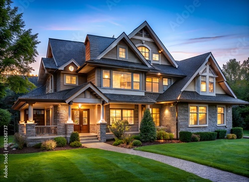 Charming Two-Story Craftsman Home with Beautiful Landscaping and Evening Glow © Vitaliy