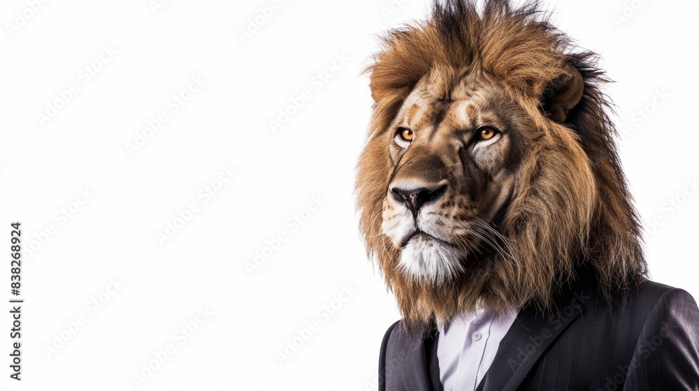 lion wearing a formal suit isolated white background. fashion designer ads lion wearing a formal suit isolated white background. fashion designer ads