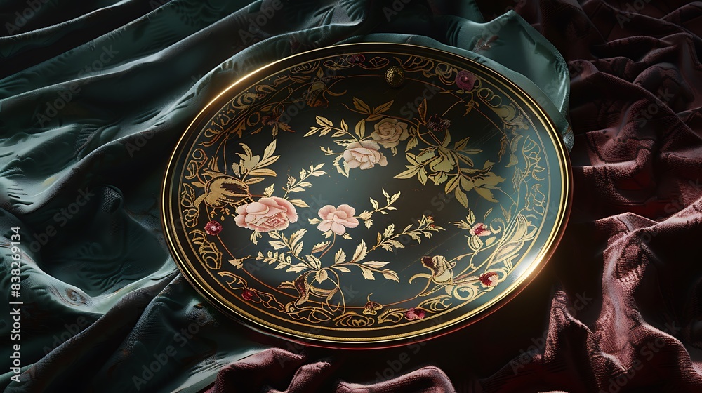 A beautifully crafted music plate with floral patterns, set on a velvet cloth. 8k, realistic, full ultra HD, high resolution and cinematic photography