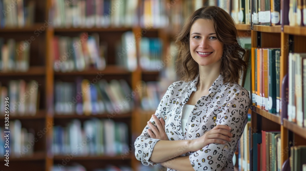 A confident woman standing in front of a library bookshelf, smiling with arms crossed. The setting reflects knowledge, professionalism, and achievement. A confident woman standing in front of a library bookshelf, smiling with arms crossed. The setting reflects knowledge, professionalism, and achievement.