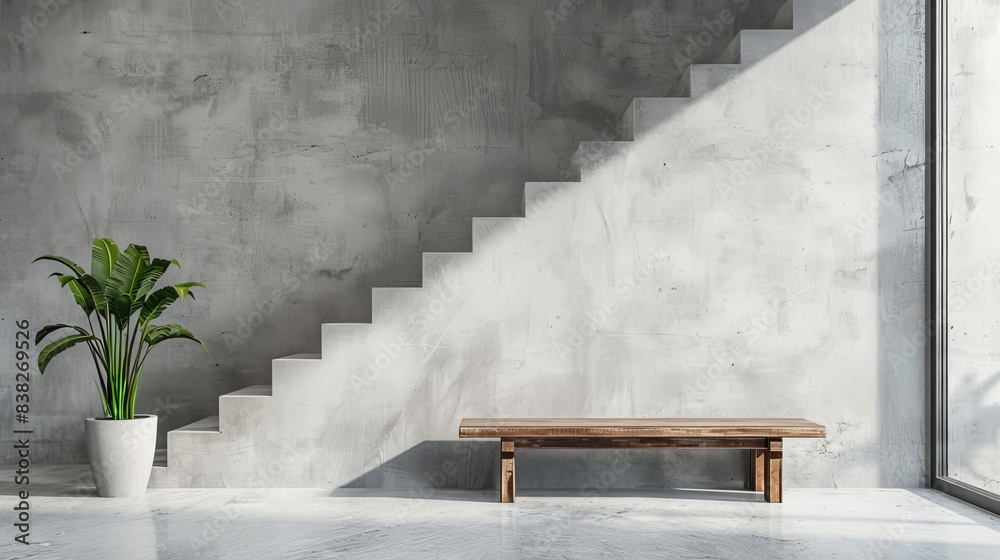 modern loft interior design with rustic wooden bench near concrete wall minimalist entrance hall with staircase copy space modern loft interior design with rustic wooden bench near concrete wall minimalist entrance hall with staircase copy space