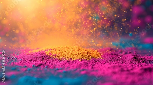  Colorful holi powder scattered on dark surface, 