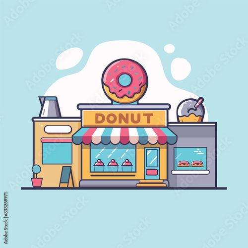 Doughnut shop bakery store logo cartoon flat vector illustration