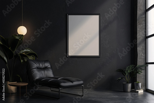 Picture frame mockup in dark tones with leather black armchair and decoration minimal