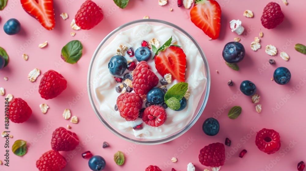 An appetizing top view showcasing a mix of Greek yogurt An appetizing top view showcasing a mix of Greek yogurt