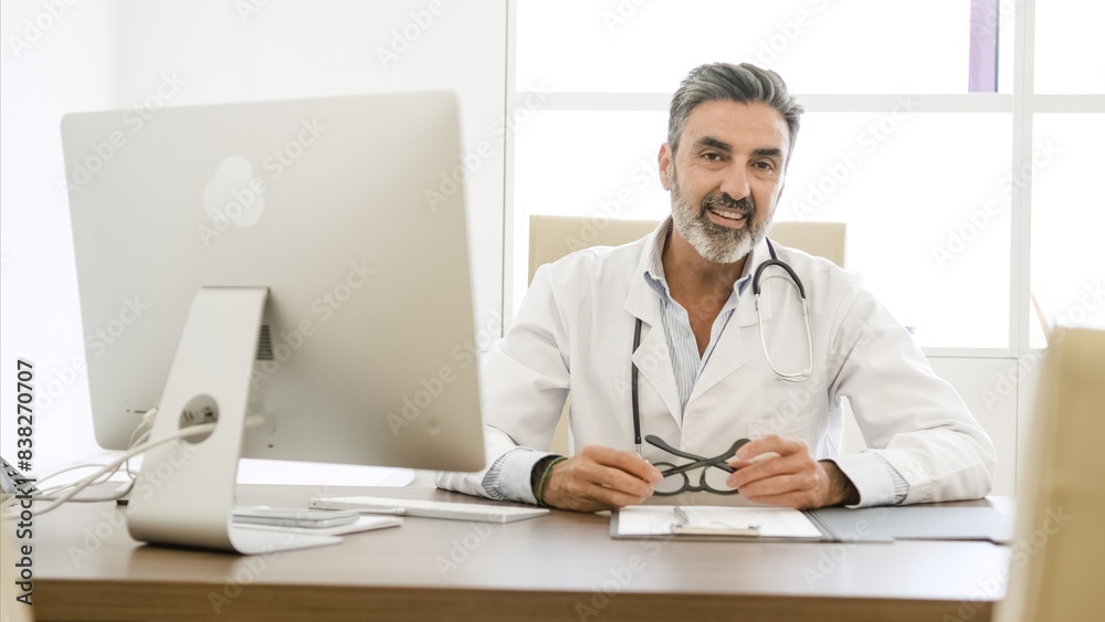Smiling mature doctor sitting at table in modern clinic Smiling mature doctor sitting at table in modern clinic