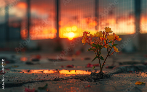 A small yellow flower is growing in the dirt next to a fence