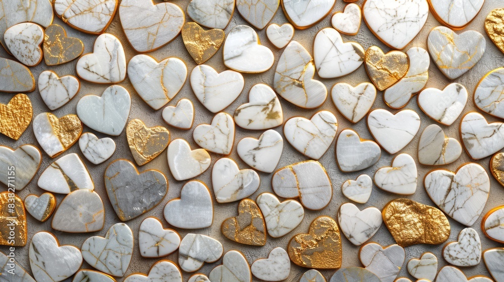 seamless pattern of small heart-shaped stones in white and gold, intricate and repeating design, elegant and luxurious look, high detail, cinematic lighting