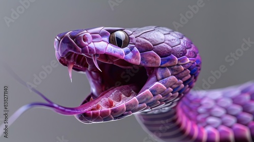 purple venomous snake with open mouth ready to strike isolated on gray