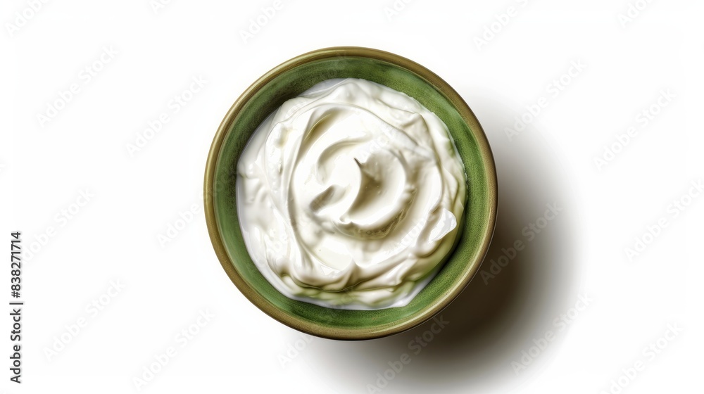 An isolated top view of a green bowl filled with creamy Greek yogurt An isolated top view of a green bowl filled with creamy Greek yogurt