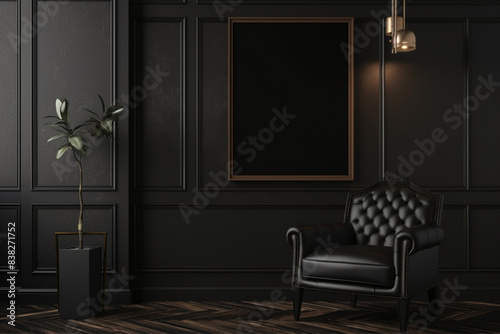 Picture frame mockup in dark tones with leather black armchair and decoration minimal