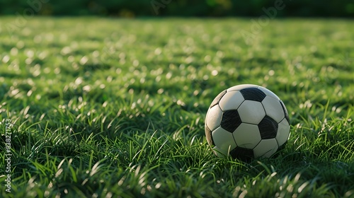 horizontal image, front view, soccer ball on the green field. Lifestyle image. For promo, ad, banner, poster, design