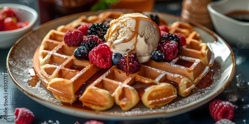 Closeup of Belgian waffles with ice cream berries and caramel syrup. Concept Food Photography, Dessert Closeup, Belgian Waffles, Ice Cream Delight, Sweet and Decadent photo