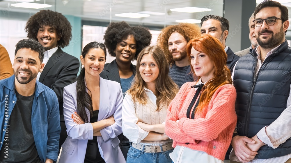 Fototapeta premium Contented multiethnic business team posing in office