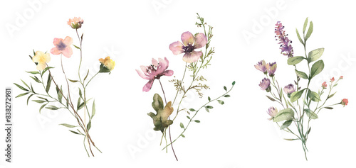 Watercolor Midsummer floral Bouquets collection with hand painted delicate leaves, wildflowers. Romantic floral arrangements perfect for wedding invitation. High quality PNG illustration.