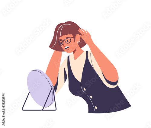 Worried Woman Character Looking At Her Gray Hair In Mirror. Cartoon Vector Concept Of Stress, Aging And Self-reflection