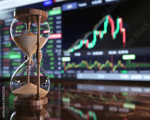 An hourglass timer sits on a desk in front of a monitor displaying aGu Piao  market chart. photo