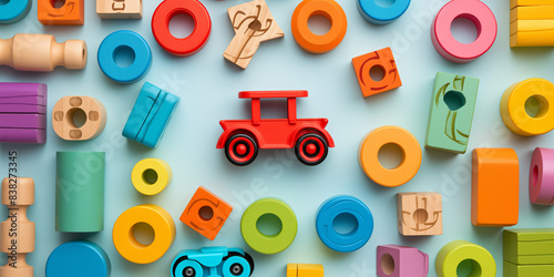 cutout setcolorful classic toddler or baby toys of car wheels, geometric cubes. color background photo