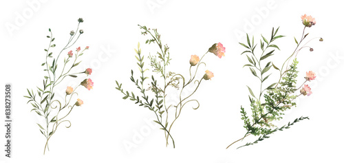 Valokuva Watercolor Midsummer floral Bouquets collection with hand painted delicate leaves, wildflowers