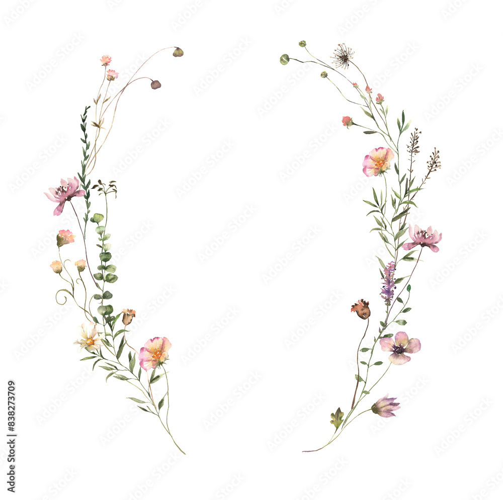 Fototapeta premium Watercolor Midsummer floral Bouquets collection with hand painted delicate leaves, wildflowers. Romantic floral arrangements perfect for wedding invitation. High quality PNG illustration.
