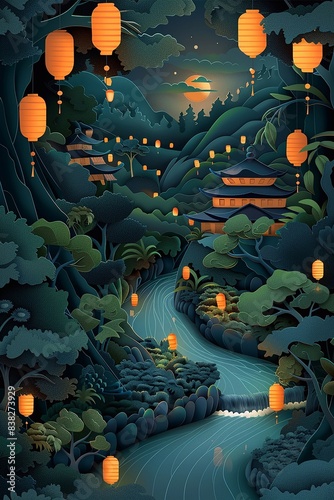 Vector paper cut depiction of Japanese Obon celebration, highlighting ancestors' spirits with lanterns floating in rivers and gardens photo