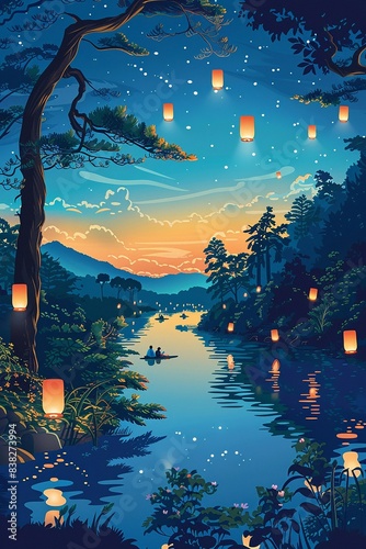 Obon in Japan vector paper cut scene with families lighting lanterns on riverbanks, creating a peaceful night atmosphere with reflections photo