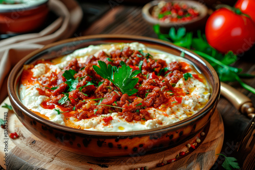 Turkish Food Kayseri Yaglama with Minced Meat, Yogurt and Tomato Paste on wooden table photo