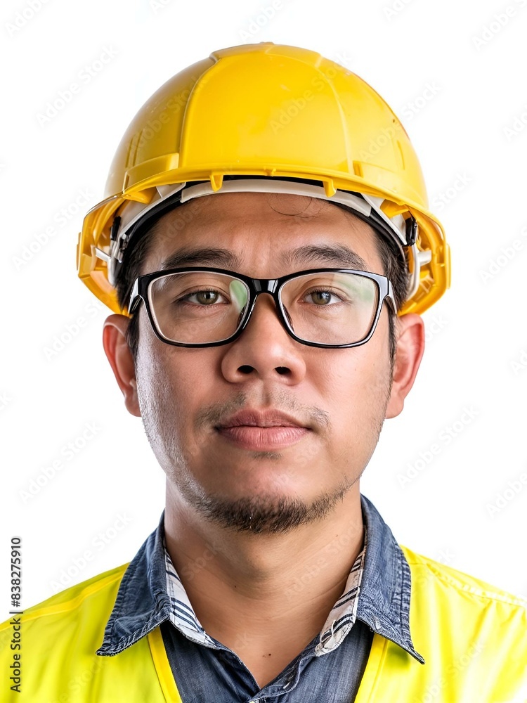 AI generated illustration of a man in safety gear and helmet gazes at the camera AI generated illustration of a man in safety gear and helmet gazes at the camera