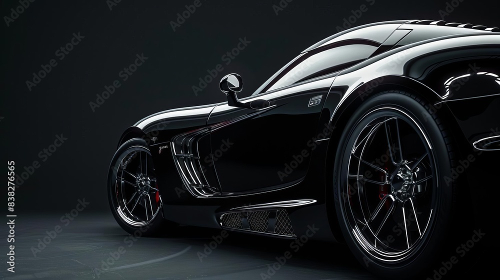 Naklejka premium sleek black sports car with chrome details modern automotive design dramatic studio lighting luxury vehicle advertising photography