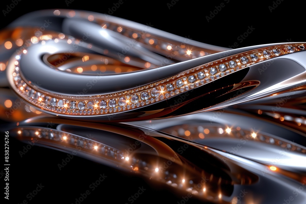 Naklejka premium Elegant metallic sculpture with glowing highlights abstract. Abstract metallic sculpture with intricate glowing details.