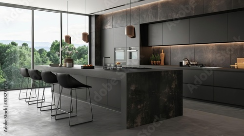 sleek contemporary kitchen with minimalist island and stylish chairs interior design 3d illustration