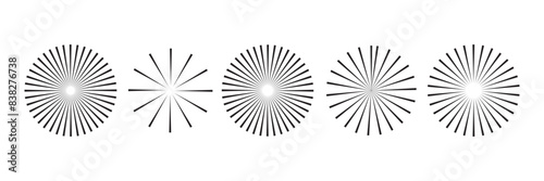 Radial circle lines. Circular lines elements. Symbol of Sun star rays. Flat design element. Abstract illusion geometric shape. Spokes with radiating stripes. Vector graphic illustration.