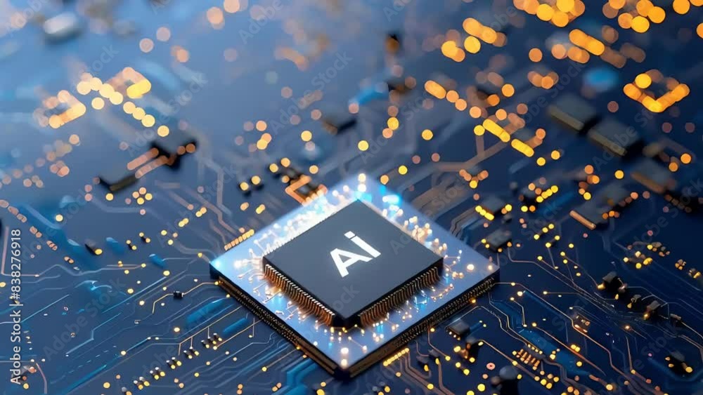 3D animation of a computer CPU and processor with AI text, symbolizing artificial intelligence, machine learning, and technological revolution with neural networks. Ideal stock video