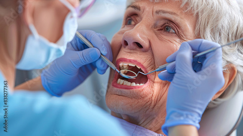 Dentist gesturing with dental mirror examining senior womans teeth and gums for any signs of oral cancer or disease