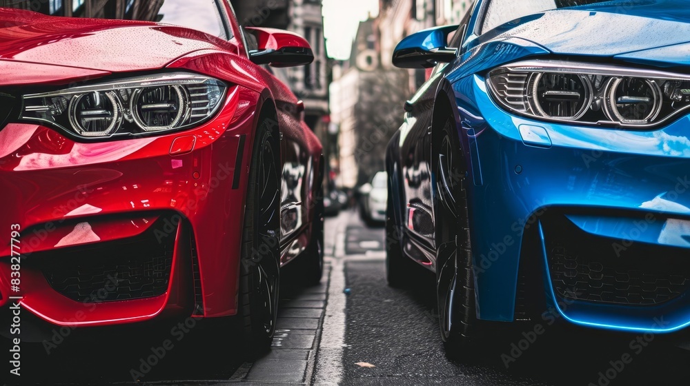 sleek modern vehicles parked facetoface in urban setting highlighting vibrant red and blue color contrast automotive photography sleek modern vehicles parked facetoface in urban setting highlighting vibrant red and blue color contrast automotive photography