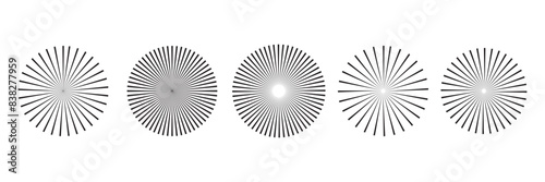 Starburst stripe round set. Ray lines emanate from the center of the circle. Pack of geometric elements. Isolated vector illustration on white background.