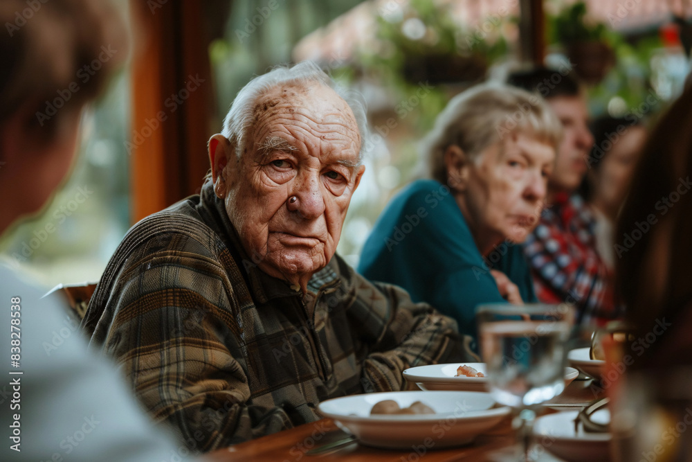Family gathering around dementia-suffering grandfather who seems lost, struggling to recall names and faces of loved ones Family gathering around dementia-suffering grandfather who seems lost, struggling to recall names and faces of loved ones